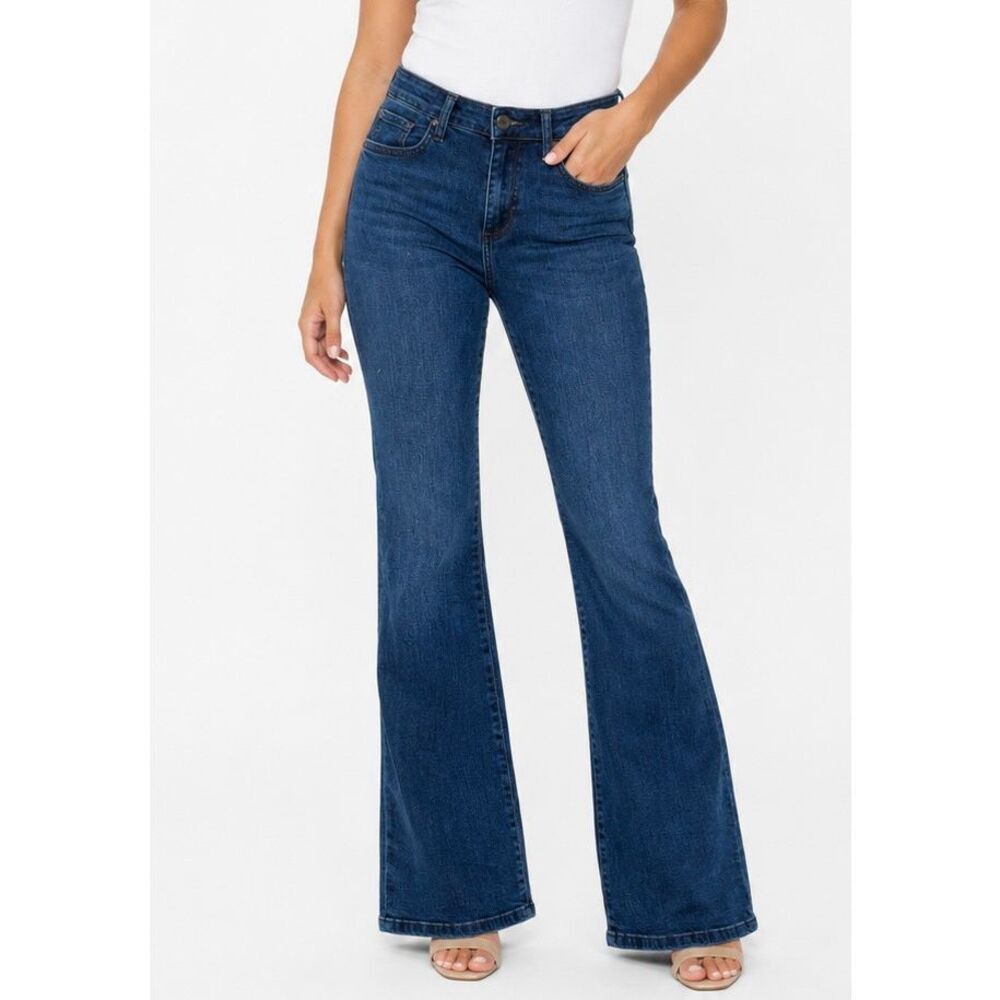 Brisk high rise stretch flared dark wash jeans 28